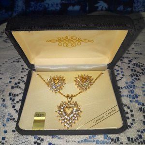 Vintage Roman 80s 90s Gold Tone Heart Shaped Real Crystal Earring & Necklace Set